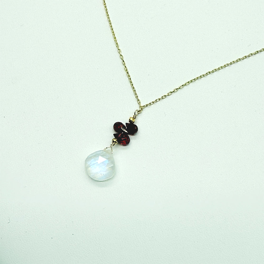 Moonstone & Garnet Raindrop Gold Necklace