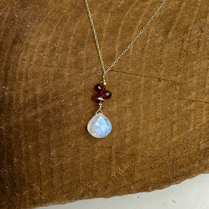 Moonstone & Garnet Raindrop Gold Necklace